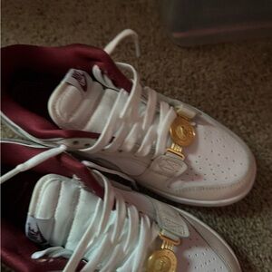 Nike White and Burgundy Sneakers with Gold Details